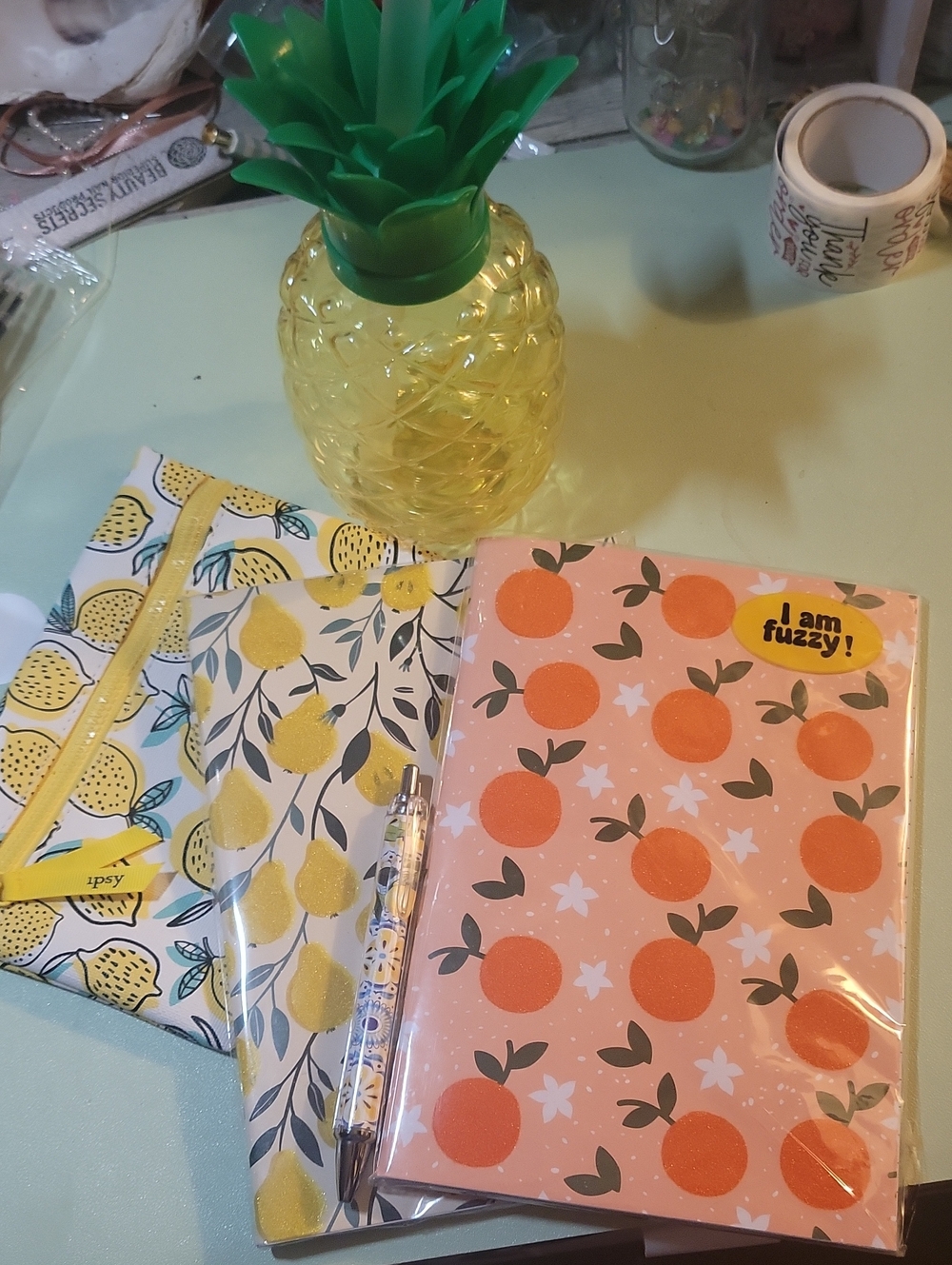 Fruit-Themed Stationery Set -Pear, Lemon & Orange Designs, Pinapple Cup!
